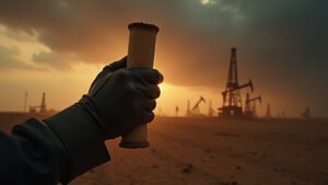 Cinematic wide-angle shot symbolizing geopolitical tensions and diplomatic efforts amidst military posturing in the Middle East.